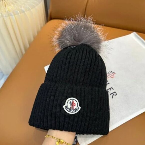 New Ribbed Knit Pom-Pom Beanie - Black - Includes Box